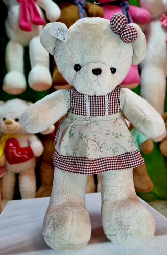 عروسک خرس طوسی طرح دامن دار چهارخونه گلی